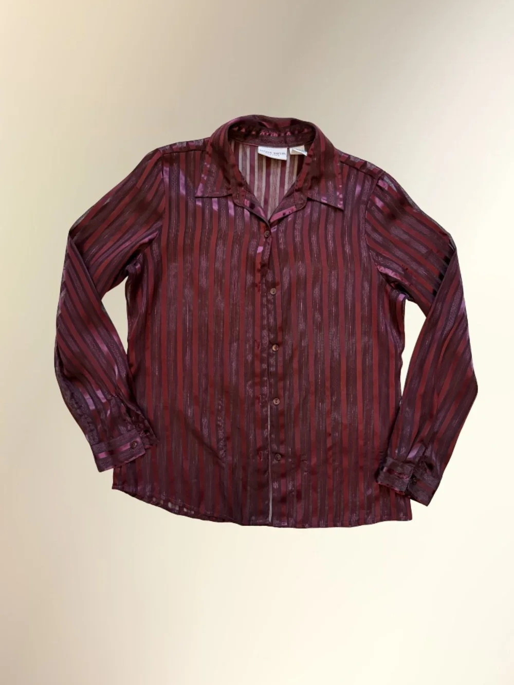 Y2K Jaclyn Smith Maroon Satin-Stripe Sheer Blouse